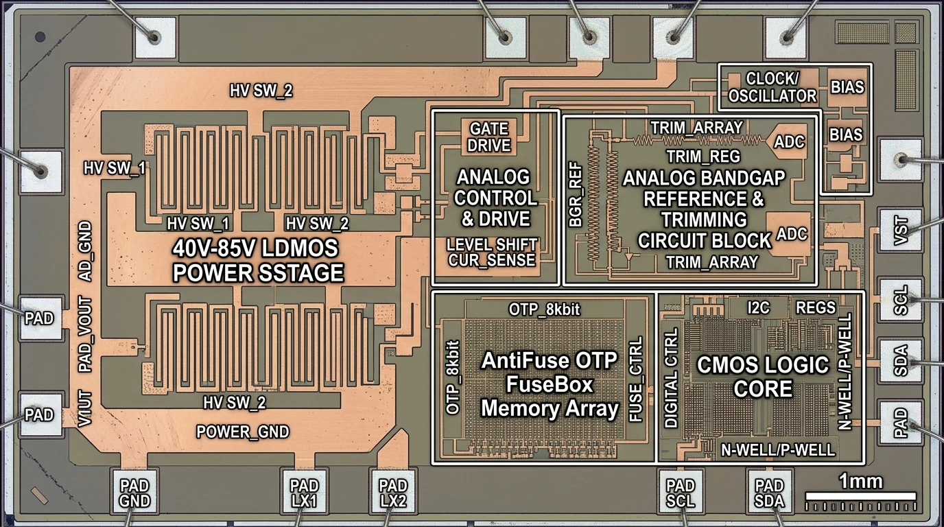 Monolithic BCD Power Management IC (PMIC) silicon die micrograph layout showing 40V-85V LDMOS power switches, analog bandgap reference trimming circuit, AntiFuse OTP FuseBox memory array, and CMOS logic core